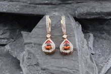 Load image into Gallery viewer, 14K Rose Gold Drop Pear Shape Earrings, Orange Sapphires And White Diamonds