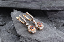 Load image into Gallery viewer, 14K Rose Gold Drop Pear Shape Earrings, Orange Sapphires And White Diamonds, View #3