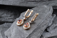 Load image into Gallery viewer, 14K Rose Gold Drop Pear Shape Earrings, Orange Sapphires And White Diamonds, View #4
