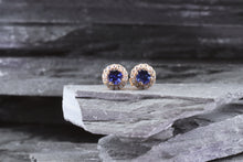 Load image into Gallery viewer, 14K Rose Gold Prong Earring Set With Round Blue Sapphires, Round White Diamonds, View #1
