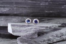 Load image into Gallery viewer, 14K White Gold Stud Earrings Set With Blue Sapphires And White Diamonds, View #1