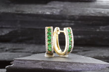 Load image into Gallery viewer, 14K Yellow Gold Huggie Earrings Set With Tsavorite Garnets And White Diamonds, View #3