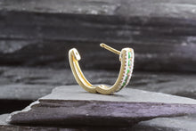 Load image into Gallery viewer, 14K Yellow Gold Huggie Earrings Set With Tsavorite Garnets And White Diamonds, View #5