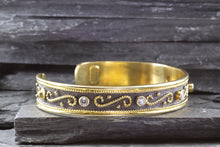 Load image into Gallery viewer, 18K Gold Plated And Blackened Sterling Silver Cuff Bracelet Accents 5 White Synthetic Stones, View #2