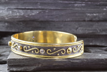 Load image into Gallery viewer, 18K Gold Plated And Blackened Sterling Silver Cuff Bracelet Accents 5 White Synthetic Stones, View #3