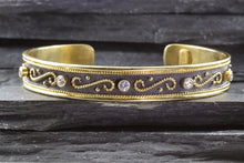 Load image into Gallery viewer, 18K Gold Plated And Blackened Sterling Silver Cuff Bracelet Accents 5 White Synthetic Stones, View #4