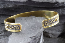 Load image into Gallery viewer, 18K Gold Plated And Blackened Sterling Silver Cuff Bracelet Accents 5 White Synthetic Stones, View #5