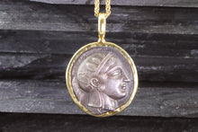 Load image into Gallery viewer, 18 Karat Yellow Gold Bezel Setting With A Silver Ancient Greek Coin Pendant, Athina, View #1