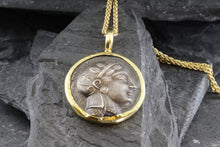Load image into Gallery viewer, 18 Karat Yellow Gold Bezel Setting With A Silver Ancient Greek Coin Pendant, Athina, View #2