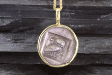 Load image into Gallery viewer, 18 Karat Yellow Gold Bezel Setting With A Silver Ancient Greek Coin Pendant, Athina, View #4