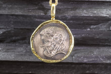 Load image into Gallery viewer, 18 Karat Yellow Gold Bezel Setting With A Silver Ancient Greek Coin Pendant, Dionysos, View #1
