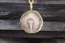 Load image into Gallery viewer, 18 Karat Yellow Gold Bezel Setting With A Silver Ancient Greek Coin Pendant, Dionysos, View #5