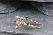 Load image into Gallery viewer, 18k Yellow Sapphire and Diamond Earrings With Round Brilliant Diamonds, 3 Round Fine Sapphires, View #5