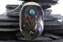 Load image into Gallery viewer, Engraved SS Pendant Set With Turquoise And Coral, 18" Chain, View #1