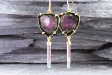 Load image into Gallery viewer, Handmade 18K Gold Watermelon Tourmaline Drop Earrings, View #1