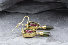 Load image into Gallery viewer, Handmade 18 K Yellow Earrings With 2 Slab Cut Watermelon Tourmalines And Green Tourmaline Crystal Drops, View #4