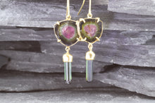 Load image into Gallery viewer, Handmade 18K Y Gold Slab Watermelon Tourmalines With Green Crystal Tourmaline Drop Earrings, View #1