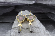Load image into Gallery viewer, Handmade 18 K Yellow Earrings With 2 Slab Cut Watermelon Tourmalines And Green Tourmaline Crystal Drops, View #2