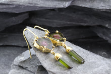 Load image into Gallery viewer, Handmade 18 K Yellow Earrings With 2 Slab Cut Watermelon Tourmalines And Green Tourmaline Crystal Drops, View #3