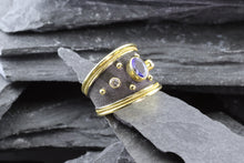 Load image into Gallery viewer, Handmade 18kt Satin Finish Antiqued And Polished Ring With One Oval Tanzanite And Two Round Diamonds, View #2