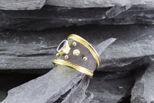 Load image into Gallery viewer, Handmade 18kt Satin Finish Antiqued And Polished Ring With One Oval Tanzanite And Two Round Diamonds, View #3