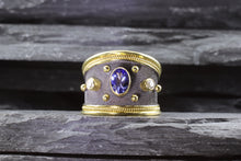 Load image into Gallery viewer, Handmade 18kt Satin Finish Antiqued And Polished Ring With One Oval Tanzanite And Two Round Diamonds, View #4