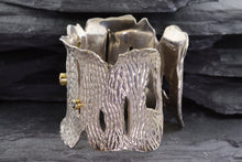 Load image into Gallery viewer, Handmade Sterling Silver Cuff Bracelet With Round Sapphires/Tsavorite Stones set in 18K Yellow Gold Bezels, View #3