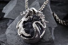 Load image into Gallery viewer, Handmade Sterling Silver Dragon Pendant With 1 Oval Psilomelane Druzy On A 18 Sterling Silver Rope Chain, View #2