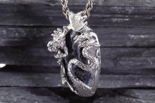 Load image into Gallery viewer, Handmade Sterling Silver Dragon Pendant With 1 Oval Psilomelane Druzy On A 18 Sterling Silver Rope Chain, View #3