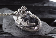 Load image into Gallery viewer, Handmade Sterling Silver Dragon Pendant With 1 Oval Psilomelane Druzy On An 18 Sterling Silver Rope Chain, View #7
