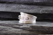 Load image into Gallery viewer, Lady's White 18 K Satin & Polished Contemporary Fashion Ring With One Blue Diamond and Two Round White Diamonds, View #5