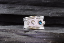 Load image into Gallery viewer, Lady's White 18 K Satin & Polished Contemporary Fashion Ring With One Blue Diamond and Two Round White Diamonds, View #6