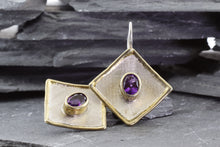 Load image into Gallery viewer, Lady's White Sterling Silver Satin & Polished Contemporary Earrings With Oval Amethysts, View #3