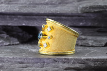 Load image into Gallery viewer, Lady's Y 18 Karat Satin & Polished Contemporary Fashion Ring With Round Blue Diamonds And Princess Cut Diamonds, View #26