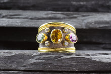 Load image into Gallery viewer, Lady's Yellow 18 Karat Satin & Polished Contemporary Fashion Ring With 3 Oval Colored Sapphires And 4 Round Diamonds View #4