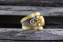 Load image into Gallery viewer, Lady's Yellow 18 Karat Satin & Polished Contemporary Fashion Ring With 3 Oval Colored Sapphires And 4 Round Diamonds View #5