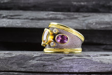 Load image into Gallery viewer, Lady's Yellow 18 Karat Satin & Polished Contemporary Fashion Ring With 3 Oval Colored Sapphires And 4 Round Diamonds View #6