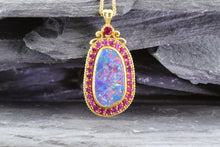 Load image into Gallery viewer, Opal Doublet Bezel Set, 22k Yellow Gold, Round Natural Rubies; Top Of Pendant Round Ruby. 18k Yellow Gold 16" Wheat Chain, View #1