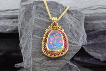 Load image into Gallery viewer, Opal Doublet Bezel Set, 22k Yellow Gold, Round Natural Rubies; Top Of Pendant Round Ruby. 18k Yellow Gold 16" Wheat Chain, View #2