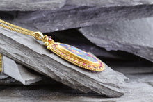 Load image into Gallery viewer, Opal Doublet Bezel Set, 22k Yellow Gold, Round Natural Rubies; Top Of Pendant Round Ruby. 18k Yellow Gold 16" Wheat Chain, View #3