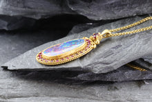 Load image into Gallery viewer, Opal Doublet Bezel Set, 22k Yellow Gold, Round Natural Rubies; Top Of Pendant Round Ruby. 18k Yellow Gold 16" Wheat Chain, View #4
