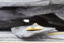 Load image into Gallery viewer, Opal Doublet Bezel Set, 22k Yellow Gold, Round Natural Rubies; Top Of Pendant Round Ruby. 18k Yellow Gold 16" Wheat Chain, View #5