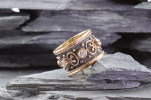 Load image into Gallery viewer, Ornate 18K Rose Gold Plated, Blackened Sterling Silver Ring With White Stones, View #2