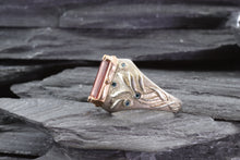 Load image into Gallery viewer, Pink Tourmaline Ring Set In 14k Rose Gold With 9 Round Blue Diamonds Set In Sterling Silver, View #3