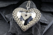 Load image into Gallery viewer, Sterling Silver Reversible Pocket Heart Necklace With Amethyst And Garnet. View #3