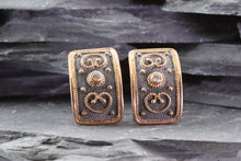 Load image into Gallery viewer, Ornate Rose Gold Plated, Blackened Sterling Silver Earrings; 1 Round White Synthetic Stone In Each Earring, View #1