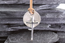 Load image into Gallery viewer, Sterling Silver Wandering Saints Embossed Cross Pendant With Leather Necklace, View #1