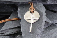 Load image into Gallery viewer, Sterling Silver Wandering Saints Embossed Cross Pendant With Leather Necklace, View #3