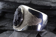 Load image into Gallery viewer, Textured Sterling Silver Cuff Bracelet with Psilomelane Druzy, View #3