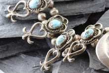 Load image into Gallery viewer, Turquoise and Sterling Silver Squash Blossom Necklace, View #3
